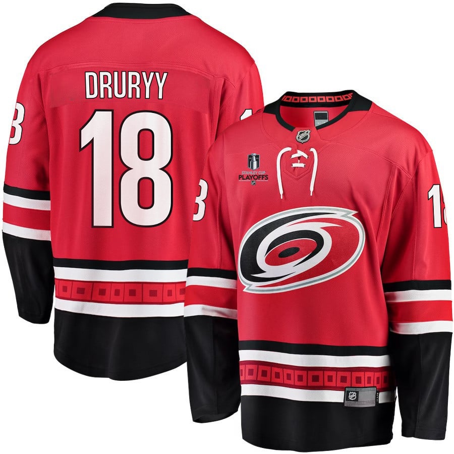 Jack Drury 18 Carolina Hurricanes Stanley Cup 2023 Playoffs Patch Home Breakaway Men Hockey Jersey - Red - JS921 