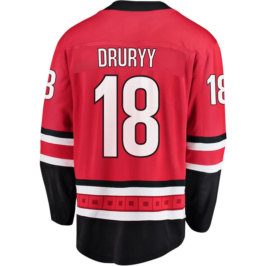 Alternative view of Jack Drury 18 Carolina Hurricanes Stanley Cup 2023 Playoffs Patch Home Breakaway Men Hockey Jersey - Red - JS921 