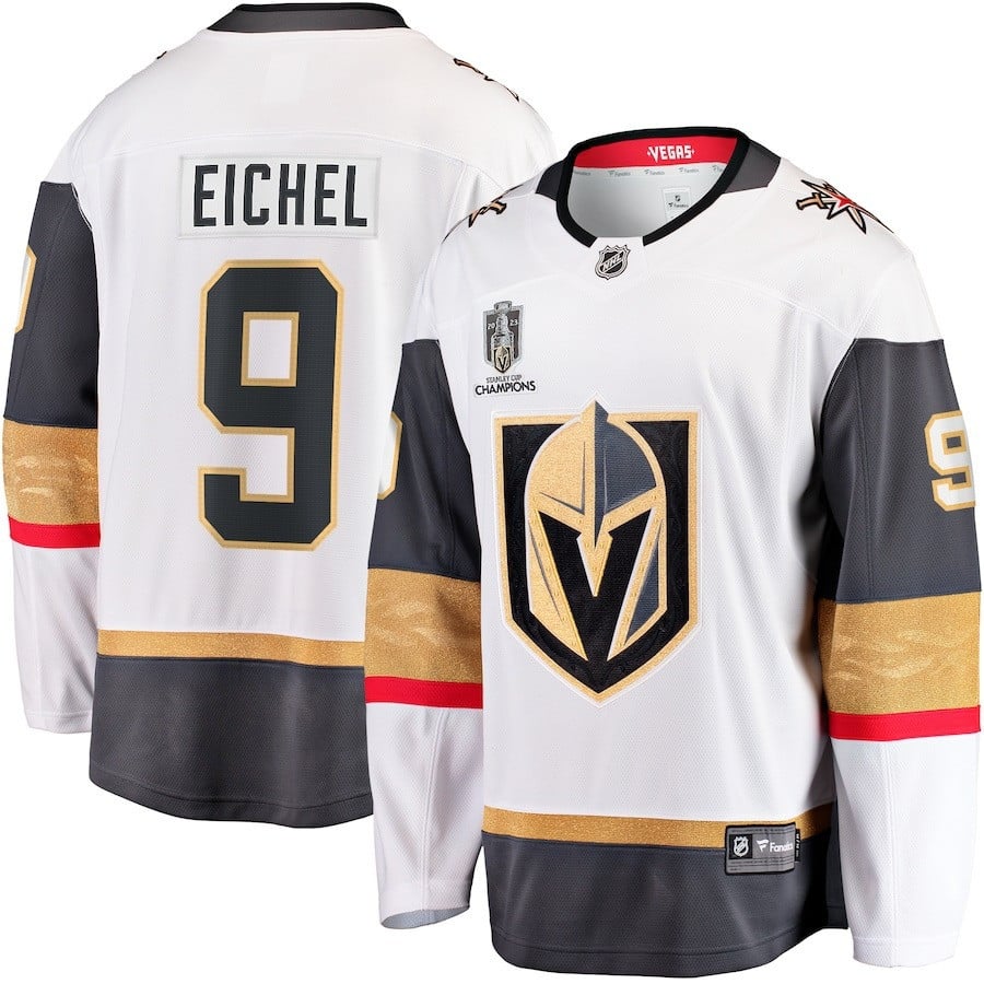 Jack Eichel 9 Vegas Golden Knights 2023 Stanley Cup Champions Patch Away Breakaway Player Hockey Jersey - White - JS489 