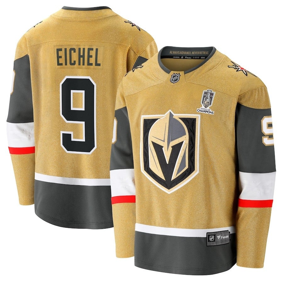 Jack Eichel 9 Vegas Golden Knights 2023 Stanley Cup Champions Patch Home Breakaway Player Hockey Jersey - Gold - JS263 
