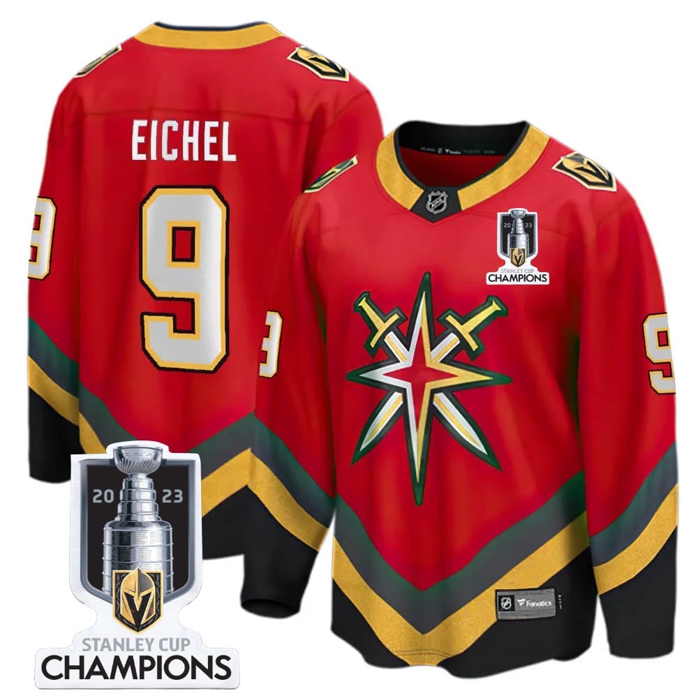 Jack Eichel 9 Vegas Golden Knights 2023 Stanley Cup Champions Patch Reverse Editon Hockey Jersey - Red - JS714 