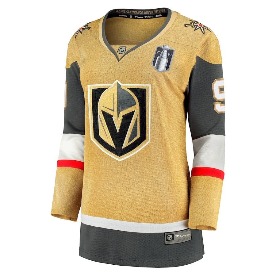 Alternative view of Jack Eichel 9 Vegas Golden Knights Women's 2023 Stanley Cup Final Home Breakaway Player Hockey Jersey - Gold - JS891 