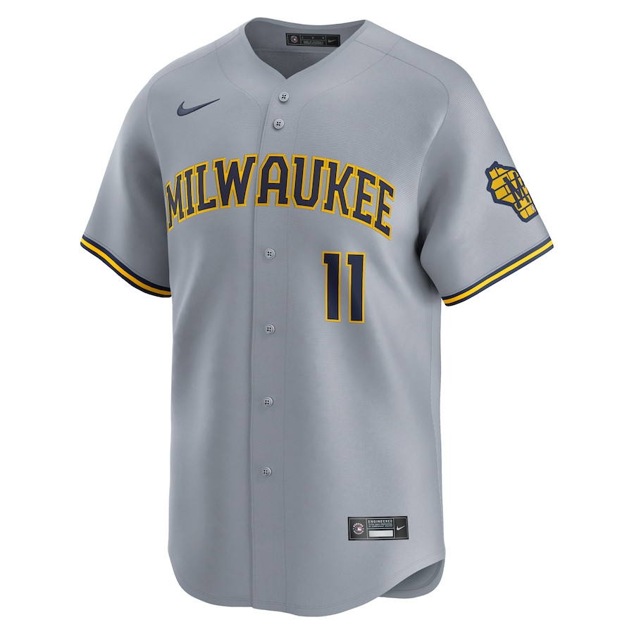 Alternative view of Jackson Chourio 11 Milwaukee Brewers Away Limited Men Baseball Jersey - Gray 