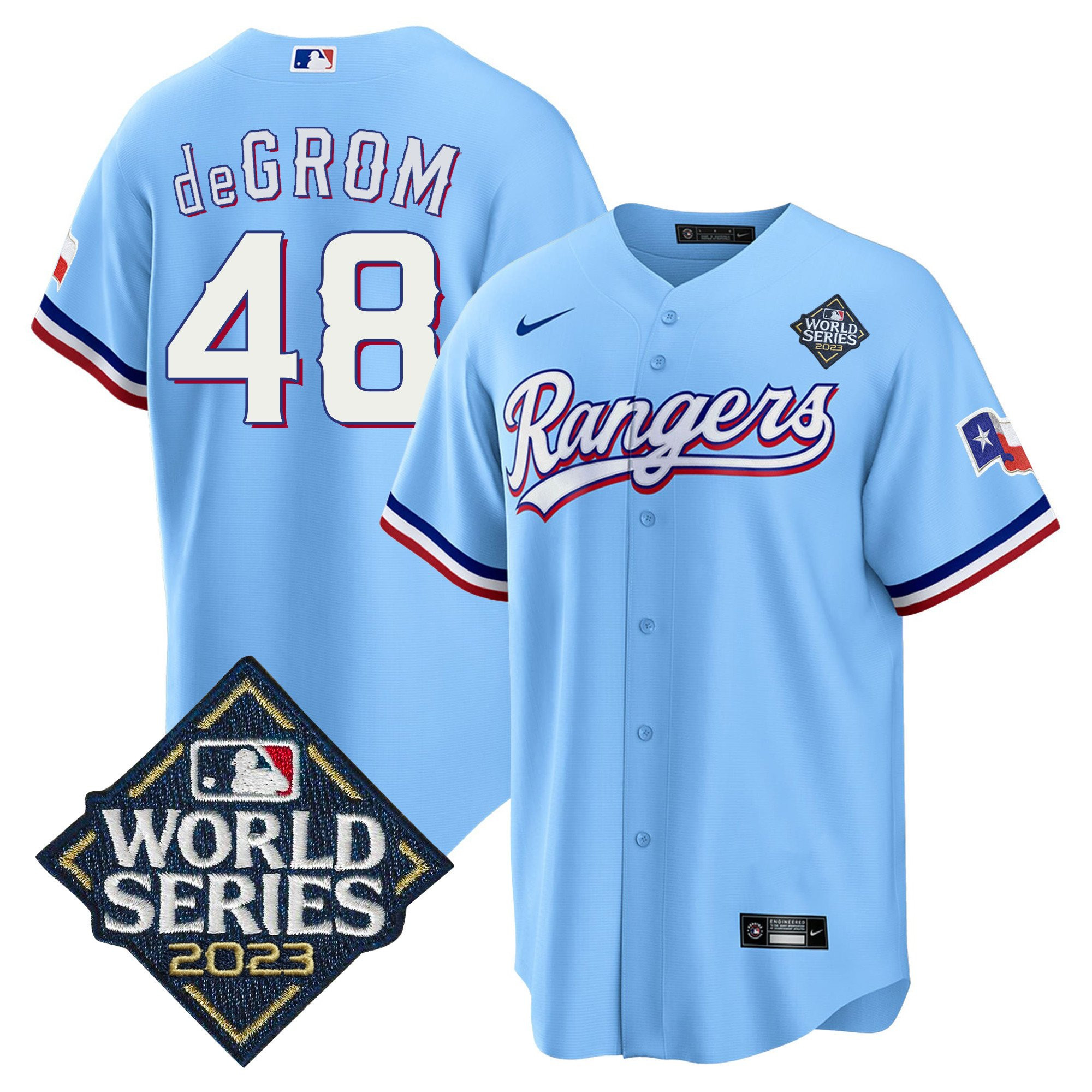 Jacob DeGrom 48 Texas Rangers 2023 World Series Stitched Baseball Jersey - Blue - JS291 