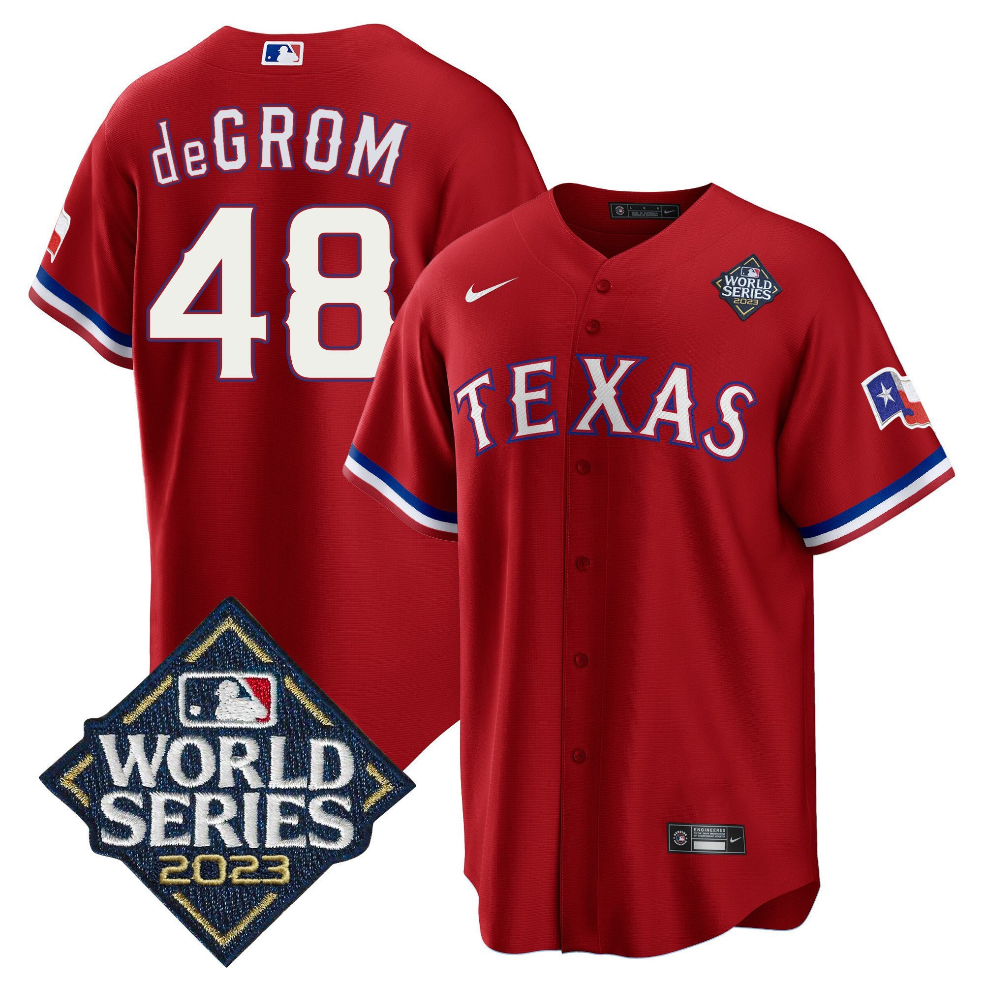 Jacob DeGrom 48 Texas Rangers 2023 World Series Stitched Baseball Jersey - Red - JS710 