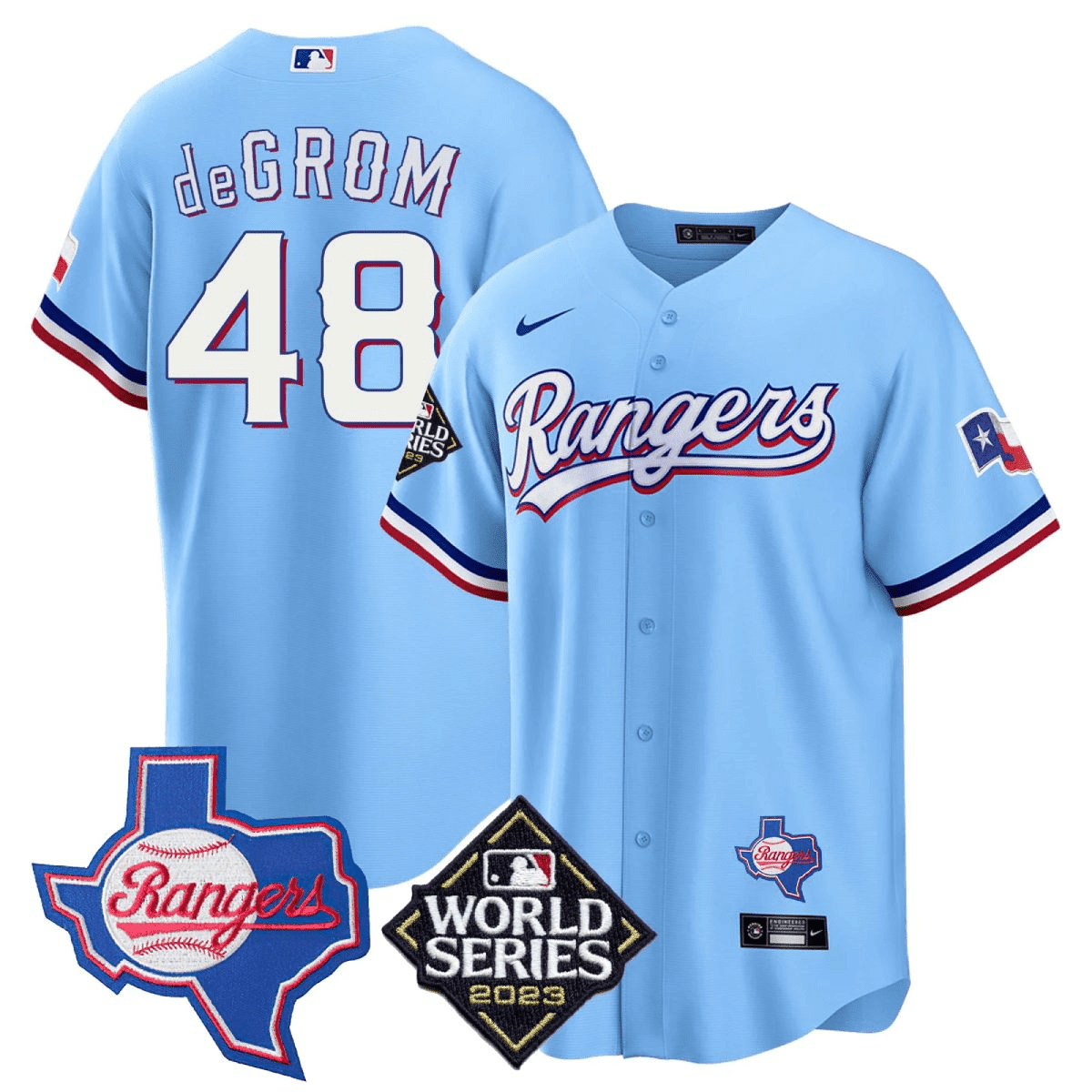 Jacob DeGrom 48 Texas Rangers 2023 World Series & Texas State Patch Men Jersey - Blue - JS228 