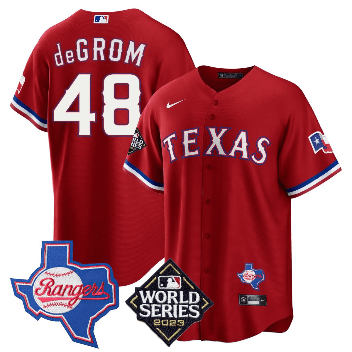 Jacob DeGrom 48 Texas Rangers 2023 World Series & Texas State Patch Men Jersey - Red - JS322 