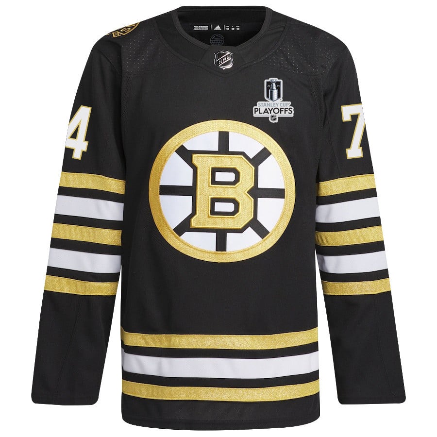 Alternative view of Jake DeBrusk 74 Boston Bruins 2024 NHL Playoffs Patch Home Hockey Jersey - Men, Black - JS595 
