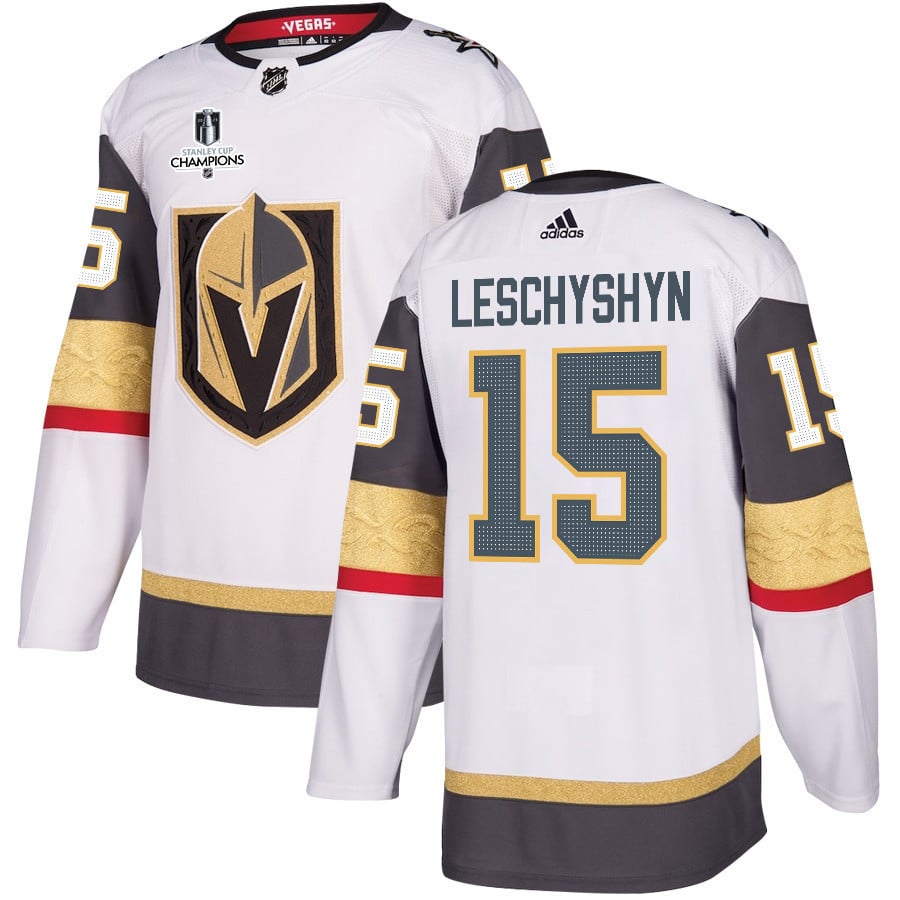 Jake Leschyshyn 15 Vegas Golden Knights Stanley Cup 2023 Champions Patch Away Breakaway Men Hockey Jersey - White - JS505 
