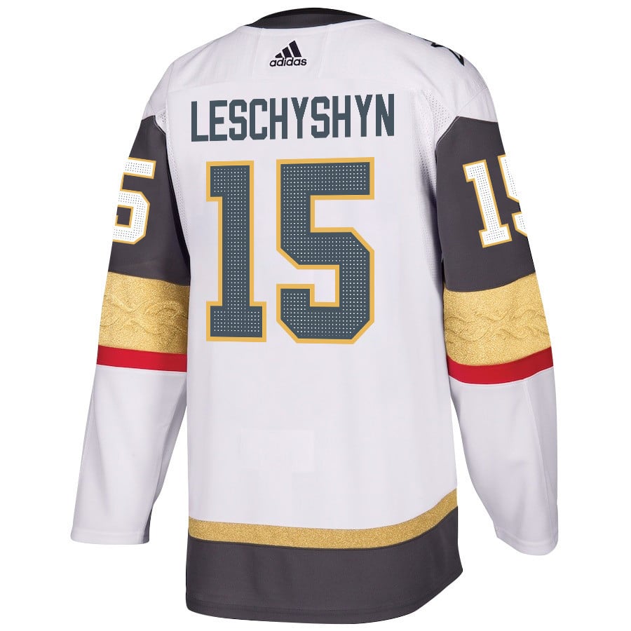Alternative view of Jake Leschyshyn 15 Vegas Golden Knights Stanley Cup 2023 Champions Patch Away Breakaway Men Hockey Jersey - White - JS505 