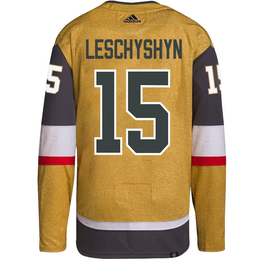 Alternative view of Jake Leschyshyn 15 Vegas Golden Knights Stanley Cup 2023 Champions Patch Home Breakaway Men Hockey Jersey - Gold - JS840 