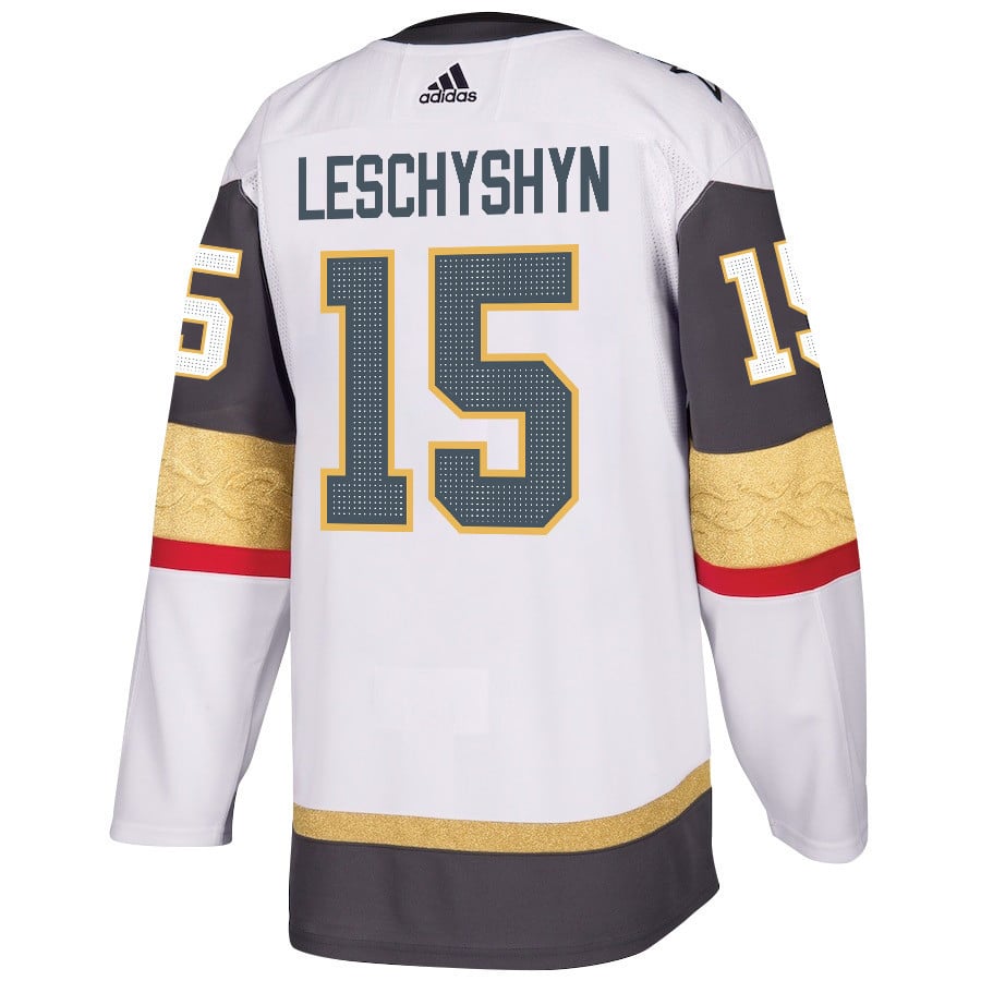 Alternative view of Jake Leschyshyn 15 Vegas Golden Knights Stanley Cup 2023 Final Patch Away Breakaway Men Hockey Jersey - White - JS973 