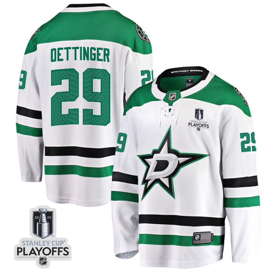 Jake Oettinger 29 Dallas Stars 2024 NHL Playoffs Patch Away Breakaway Hockey Jersey - Men - JS857 