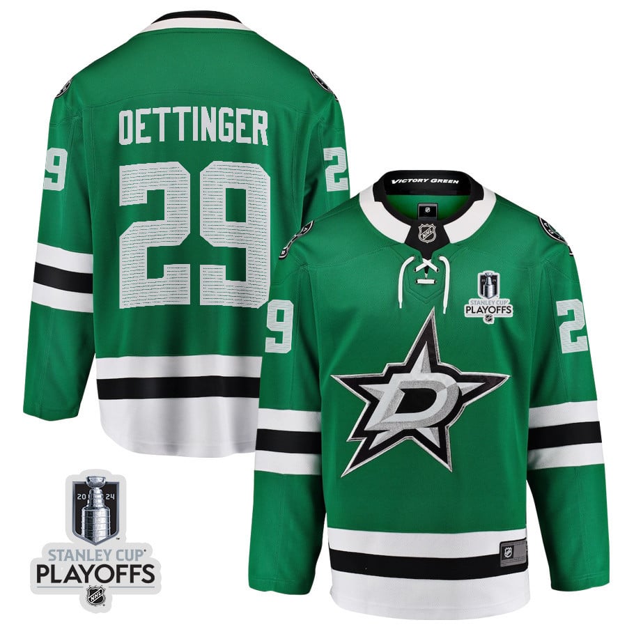 Jake Oettinger 29 Dallas Stars 2024 NHL Playoffs Patch Home Hockey Jersey - Men, Green - JS489 