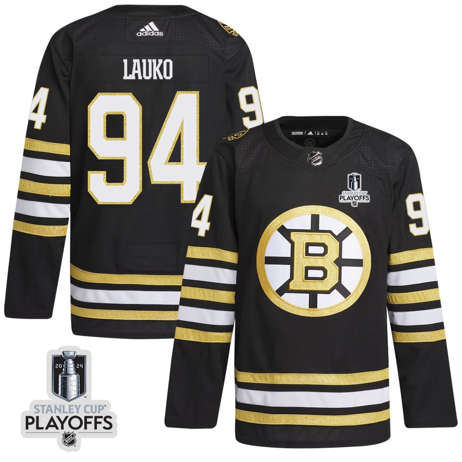 Jakub Lauko 94 Boston Bruins 2024 NHL Playoffs Patch Home Hockey Jersey - Men, Black - JS586 