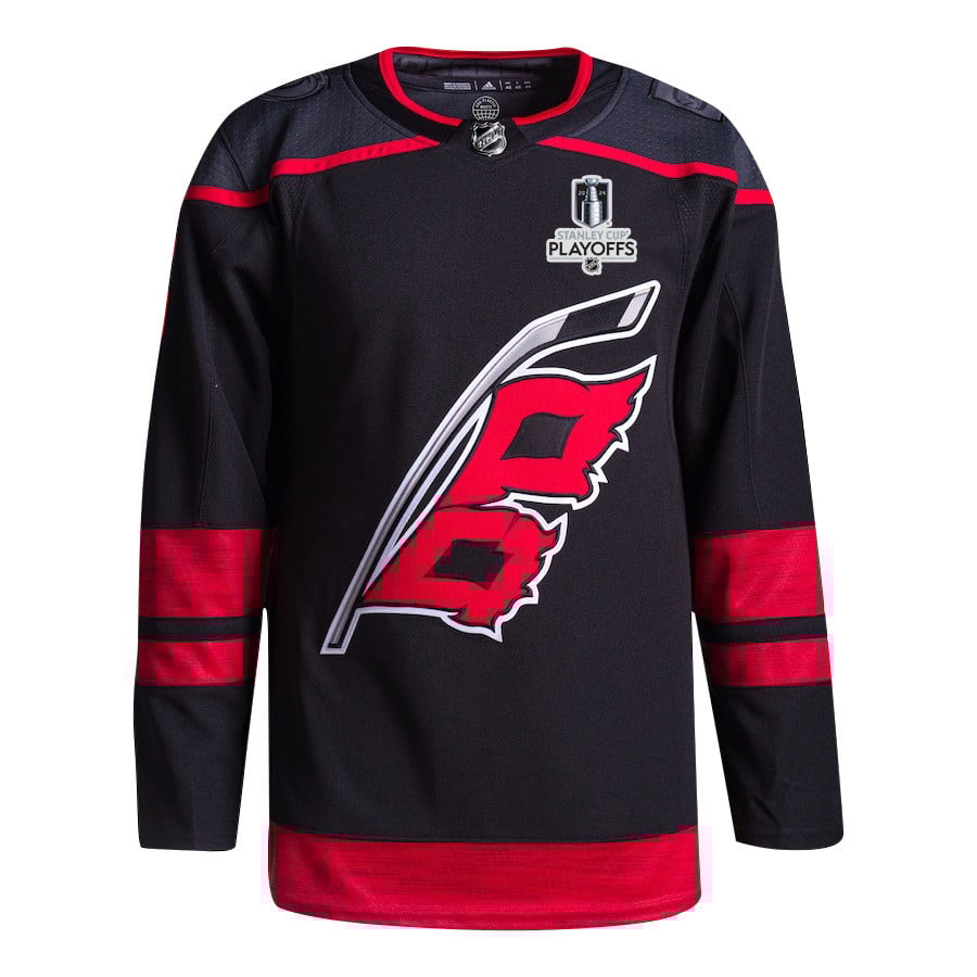 Alternative view of Jalen Chatfield 5 Carolina Hurricanes 2024 NHL Playoffs Patch Home Hockey Jersey - Men, Black - JS206 
