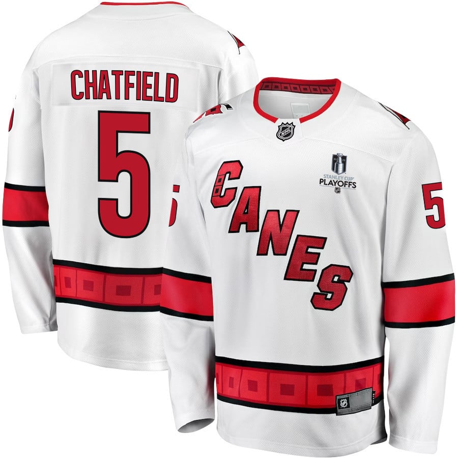 Jalen Chatfield 5 Carolina Hurricanes Stanley Cup 2023 Playoffs Patch Away Breakaway Men Hockey Jersey - White - JS843 