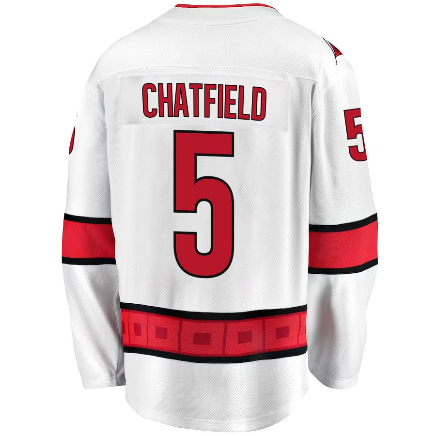 Alternative view of Jalen Chatfield 5 Carolina Hurricanes Stanley Cup 2023 Playoffs Patch Away Breakaway Men Hockey Jersey - White - JS843 