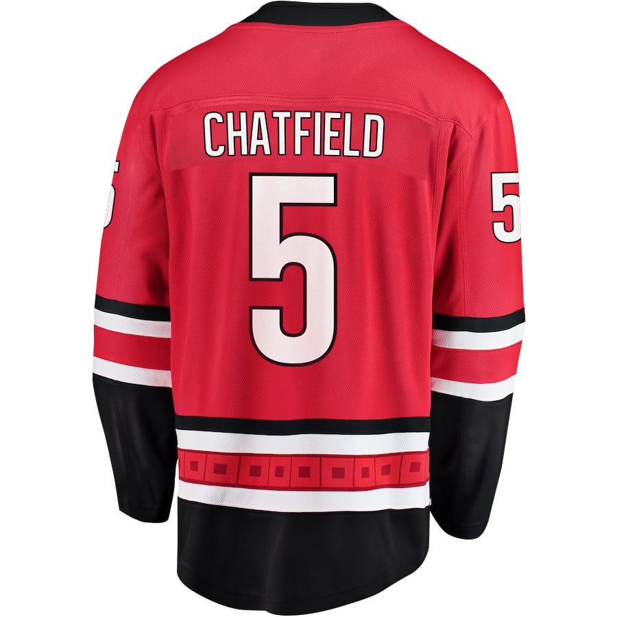 Alternative view of Jalen Chatfield 5 Carolina Hurricanes Stanley Cup 2023 Playoffs Patch Home Breakaway Men Hockey Jersey - Red - JS915 