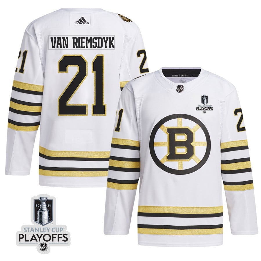 James van Riemsdyk 21 Boston Bruins 2024 NHL Playoffs Patch Away Hockey Jersey - Men, White - JS766 