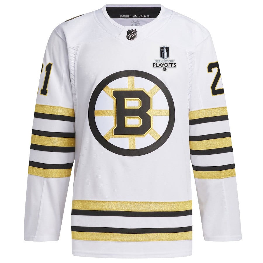 Alternative view of James van Riemsdyk 21 Boston Bruins 2024 NHL Playoffs Patch Away Hockey Jersey - Men, White - JS766 