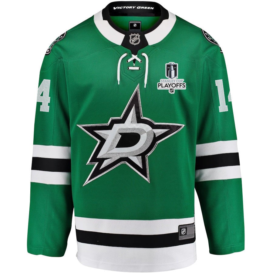 Alternative view of Jamie Benn 14 Dallas Stars 2024 NHL Playoffs Patch Home Hockey Jersey - Men, Green - JS427 