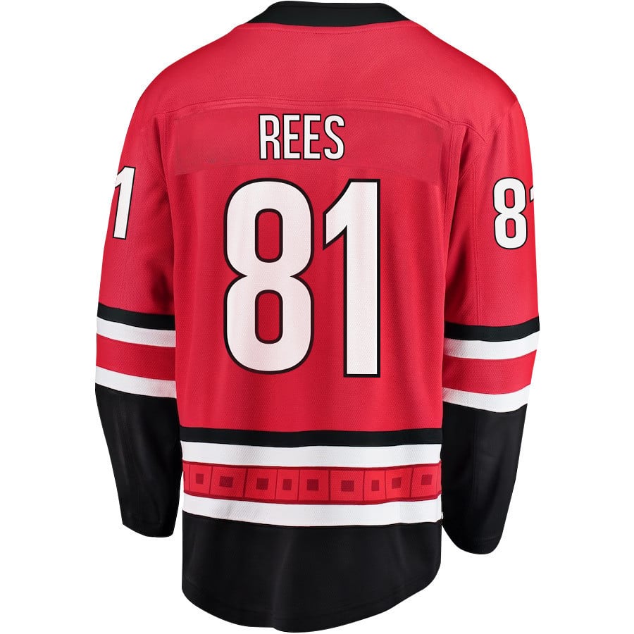 Alternative view of Jamieson Rees 81 Carolina Hurricanes Stanley Cup 2023 Playoffs Patch Home Breakaway Men Hockey Jersey - Red - JS752 