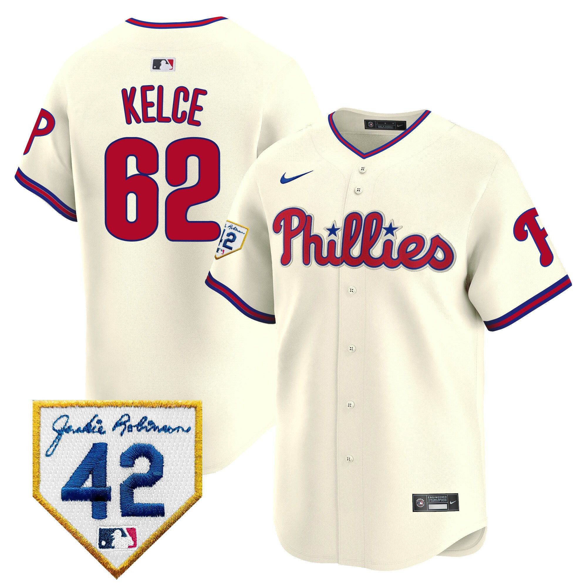 Jason Kelce 62 Philadelphia Phillies 2024 Jackie Robinson Patch Men Baseball Jersey - Cream 