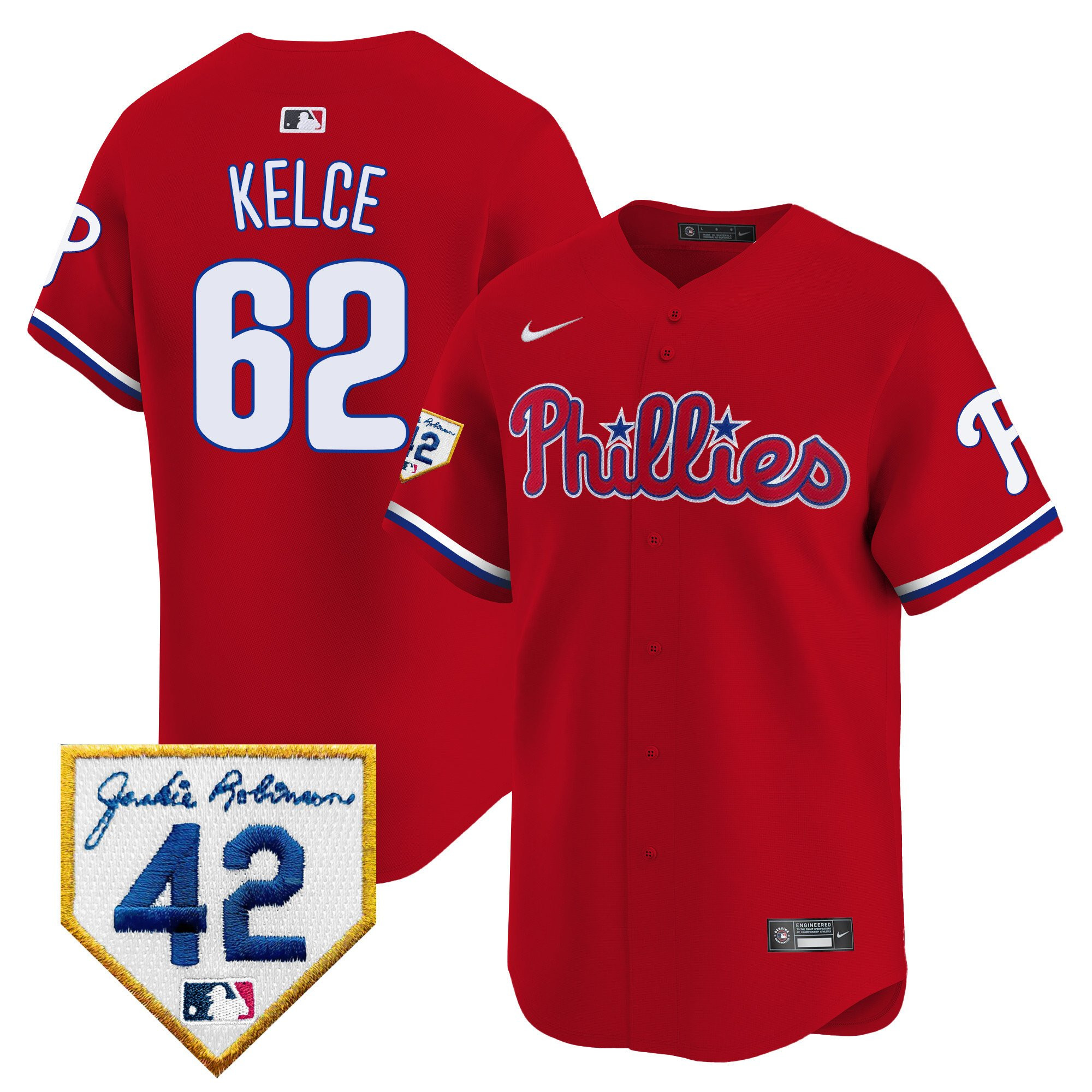 Jason Kelce 62 Philadelphia Phillies 2024 Jackie Robinson Patch Men Baseball Jersey - Red 