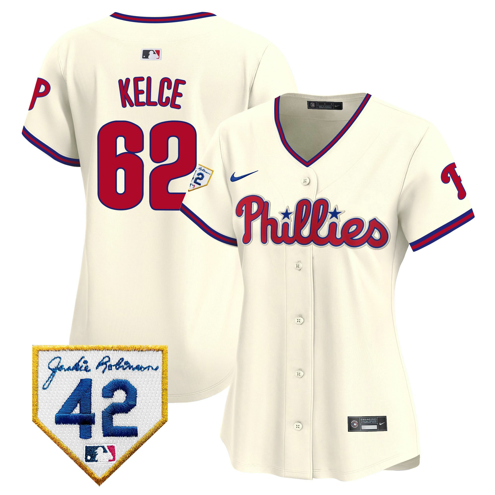 Jason Kelce 62 Philadelphia Phillies 2024 Jackie Robinson Patch Women Baseball Jersey - Cream 