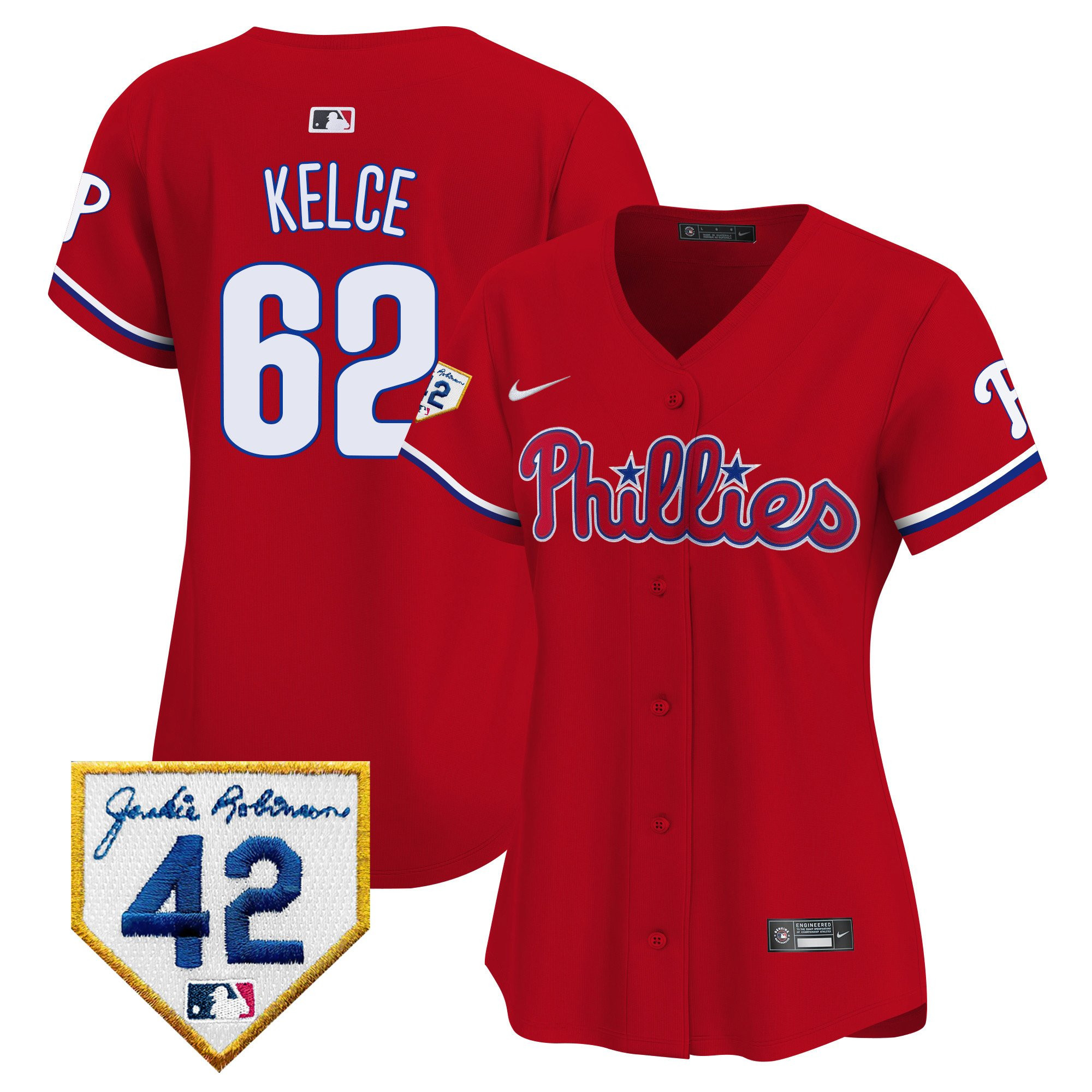 Jason Kelce 62 Philadelphia Phillies 2024 Jackie Robinson Patch Women Baseball Jersey - Red 