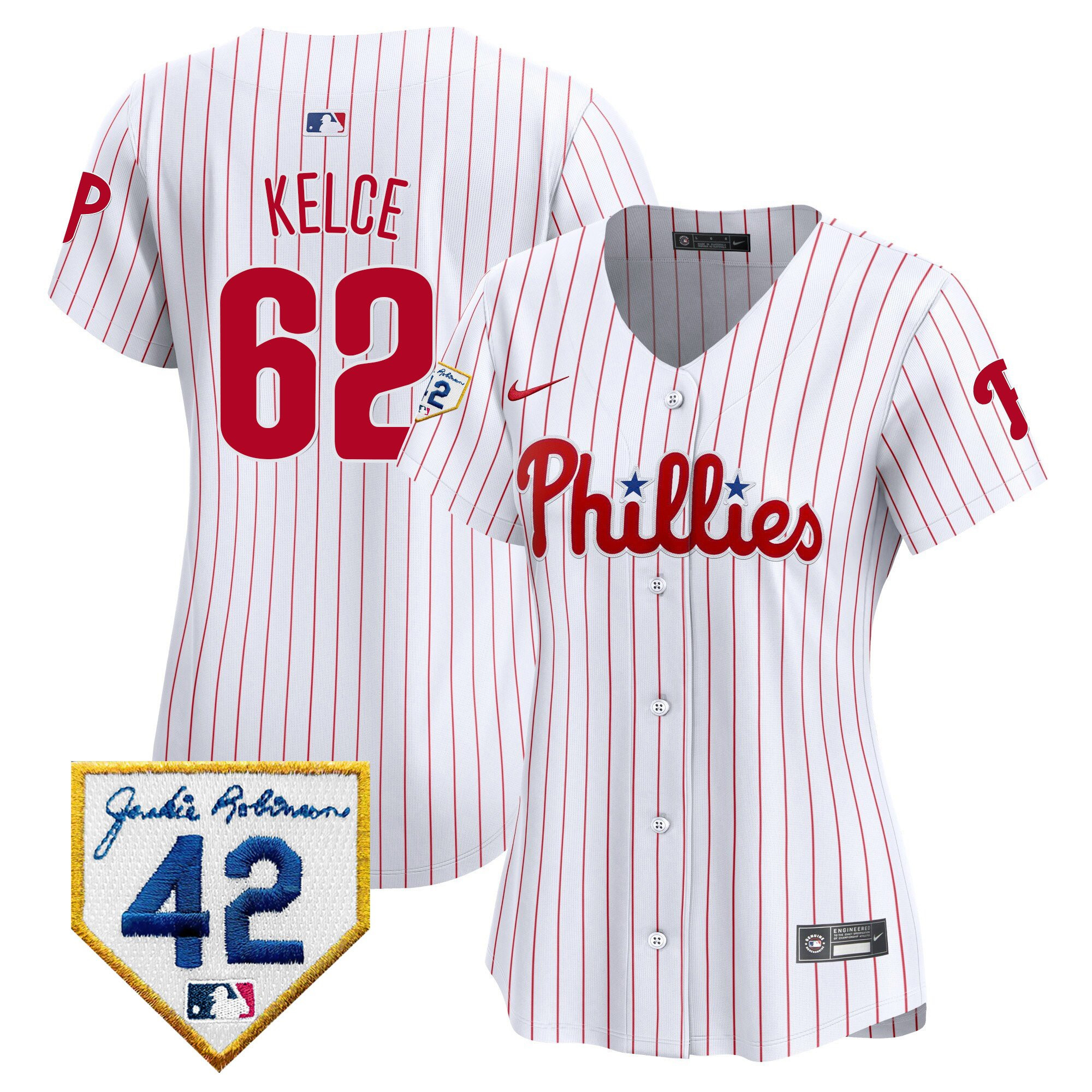 Jason Kelce 62 Philadelphia Phillies 2024 Jackie Robinson Patch Women Baseball Jersey - White 