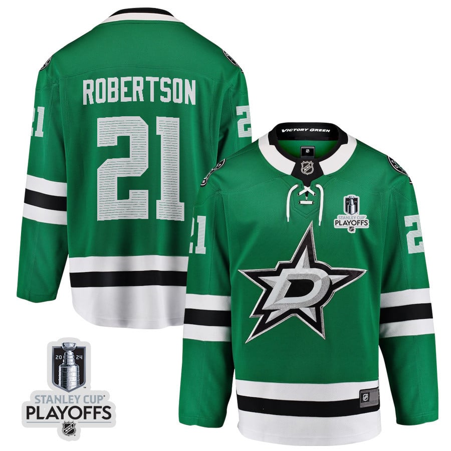 Jason Robertson 21 Dallas Stars 2024 NHL Playoffs Patch Home Hockey Jersey - Men, Green - JS586 