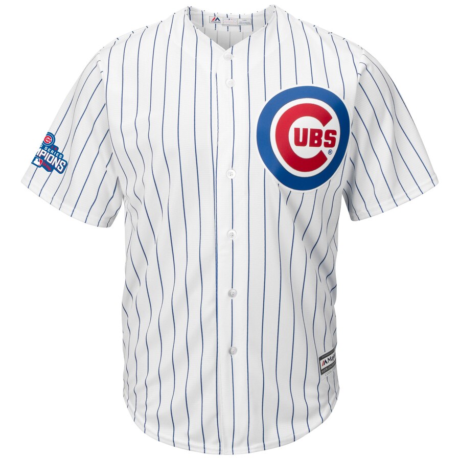 Alternative view of Javier Baez Chicago Cubs Majestic Home 2016 World Series Champions Team Logo Patch Player Baseball Jersey - White