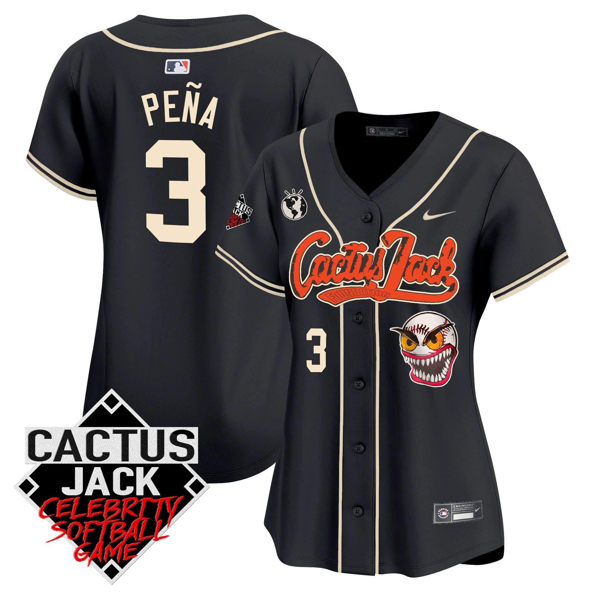 Jeremy Pena 3 Houston Astros Cactus Jack Celebrity Softball Game Patch Women Baseball Jersey - Black
