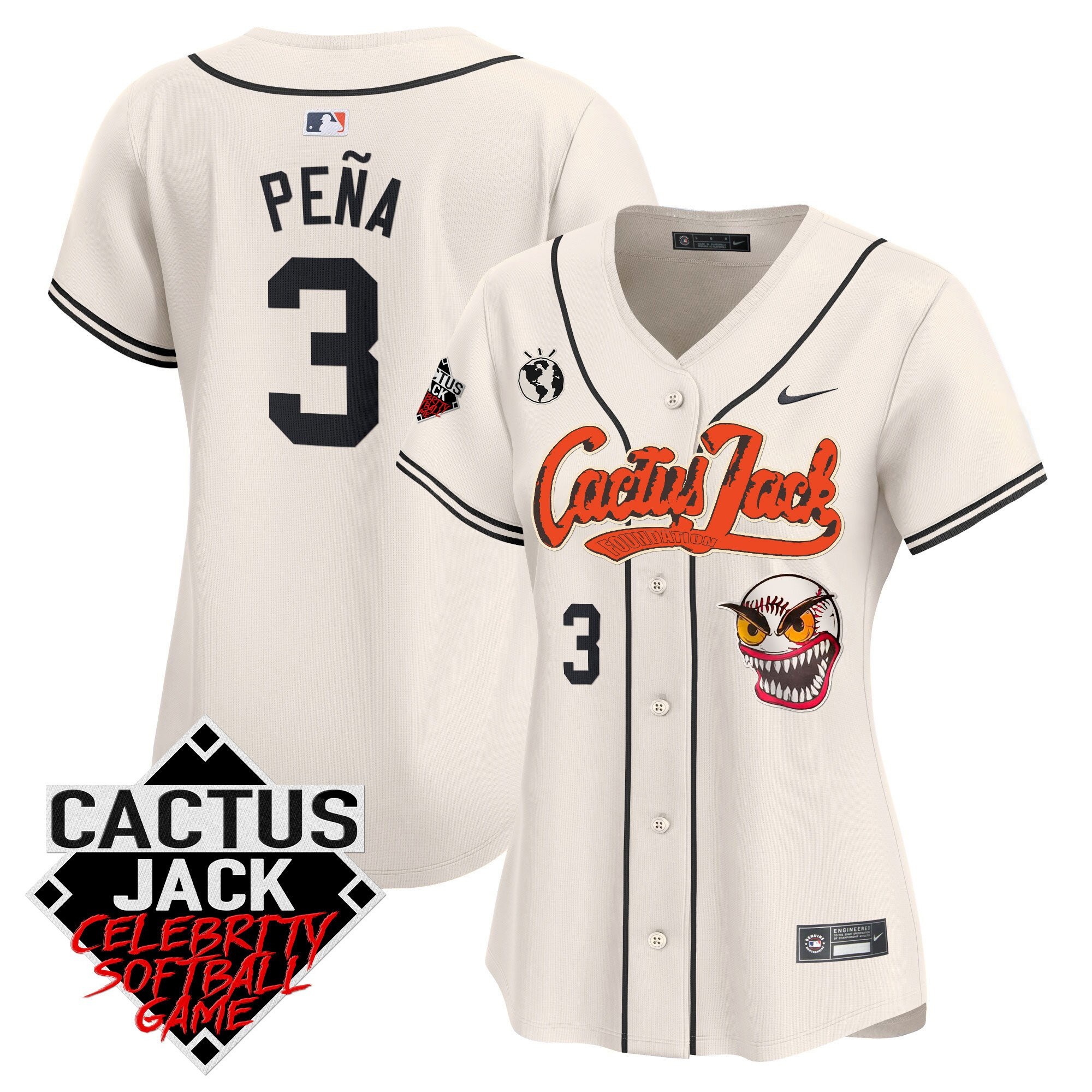 Jeremy Pena 3 Houston Astros Cactus Jack Celebrity Softball Game Patch Women Baseball Jersey - Cream