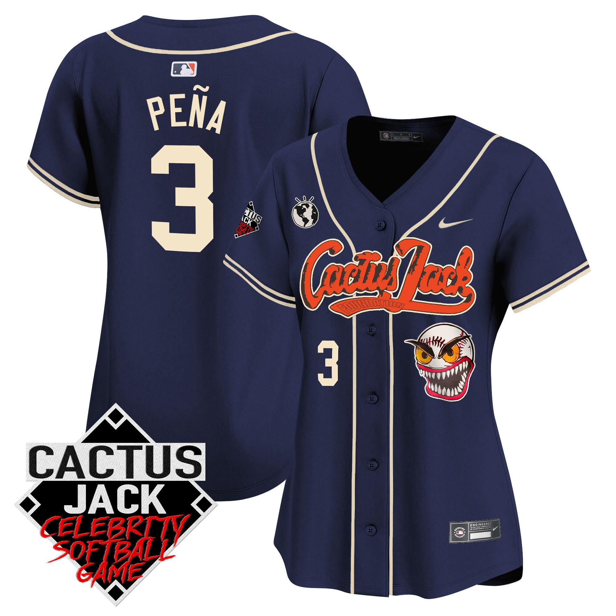 Jeremy Pena 3 Houston Astros Cactus Jack Celebrity Softball Game Patch Women Baseball Jersey - Navy