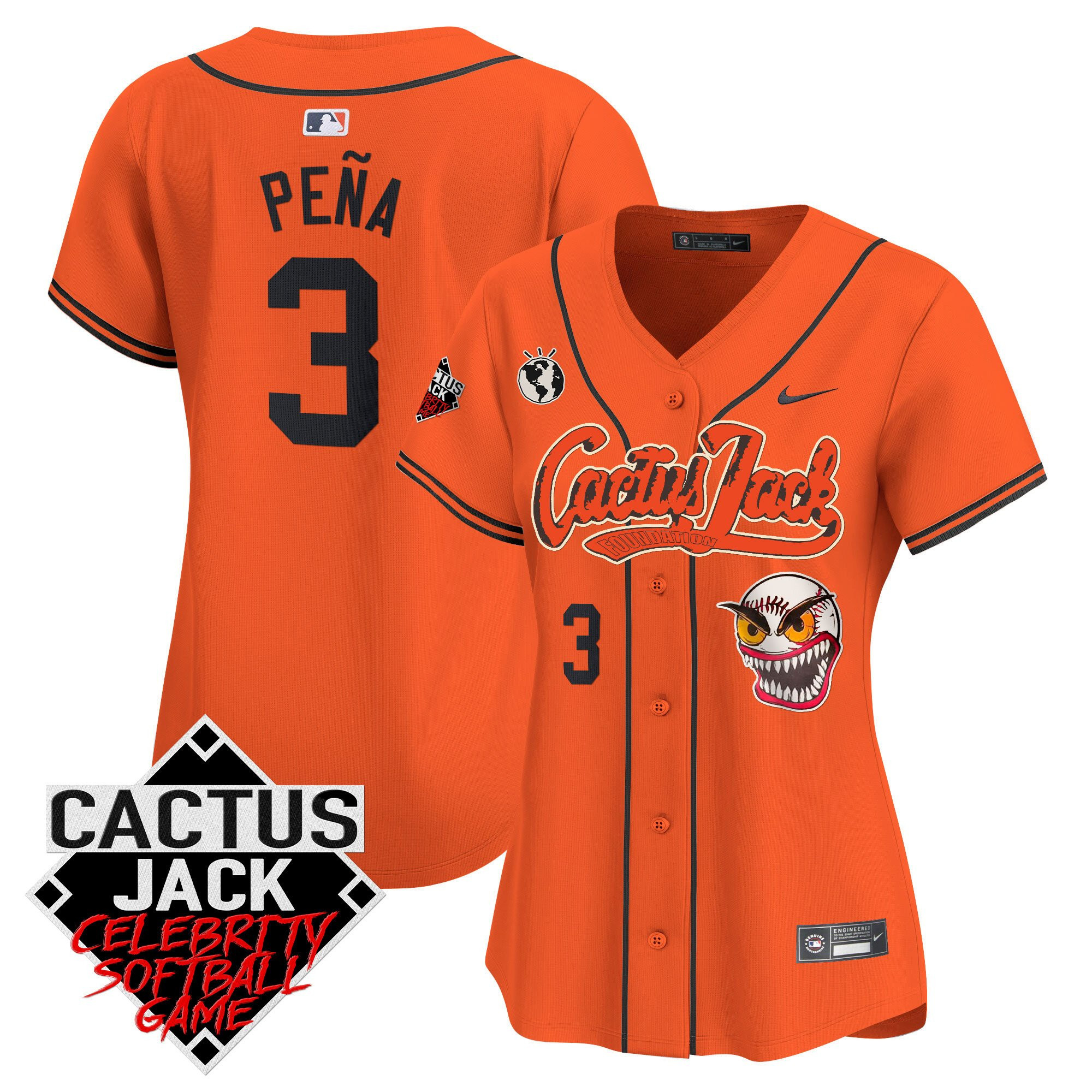 Jeremy Pena 3 Houston Astros Cactus Jack Celebrity Softball Game Patch Women Baseball Jersey - Orange