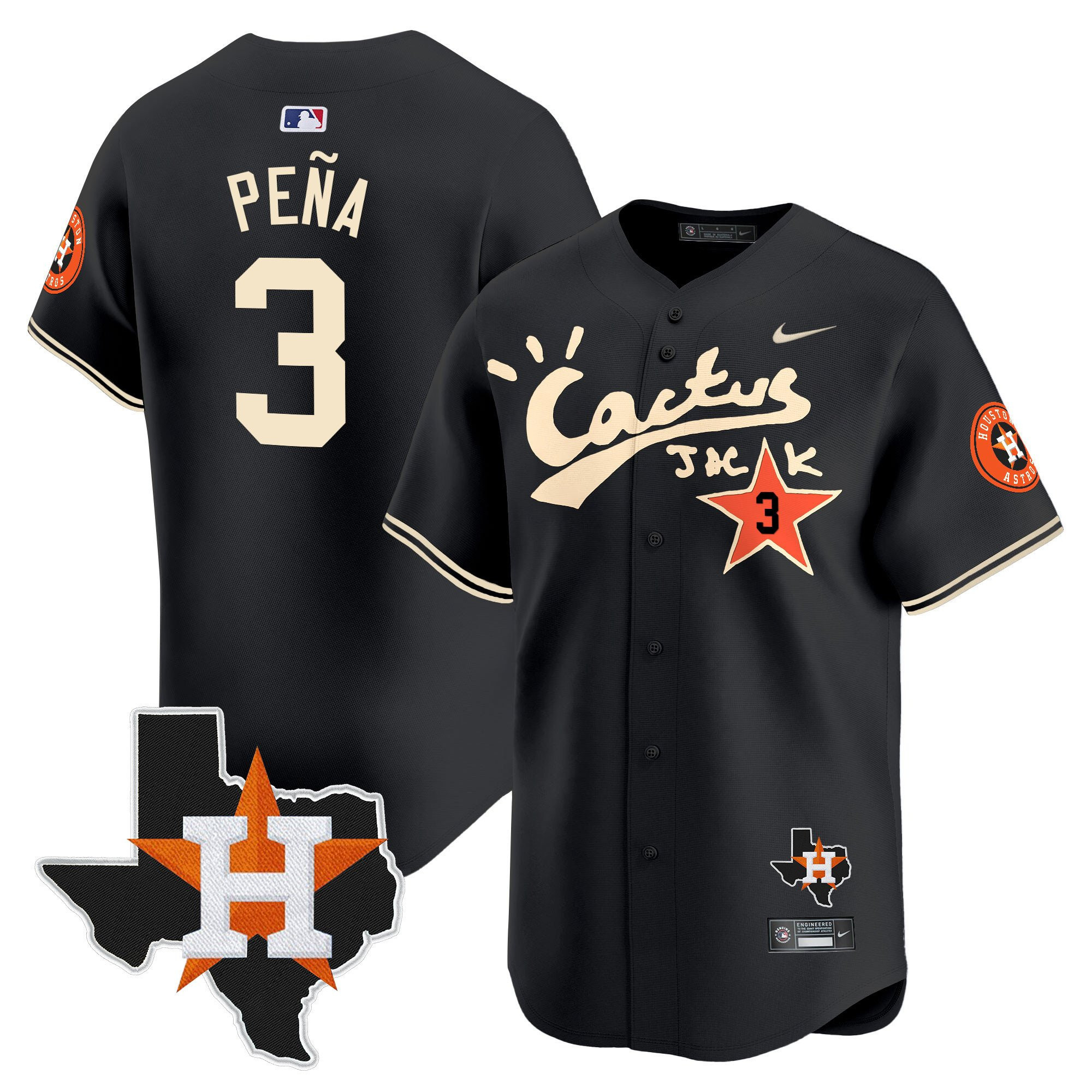 Jeremy Pena 3 Houston Astros Cactus Jack Houston Patch Limited Baseball Jersey - Men, Black 