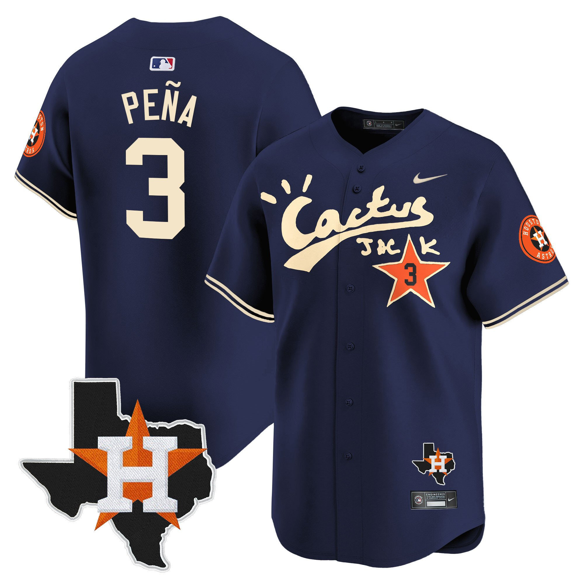 Jeremy Pena 3 Houston Astros Cactus Jack Houston Patch Navy Limited Baseball Jersey - Men 