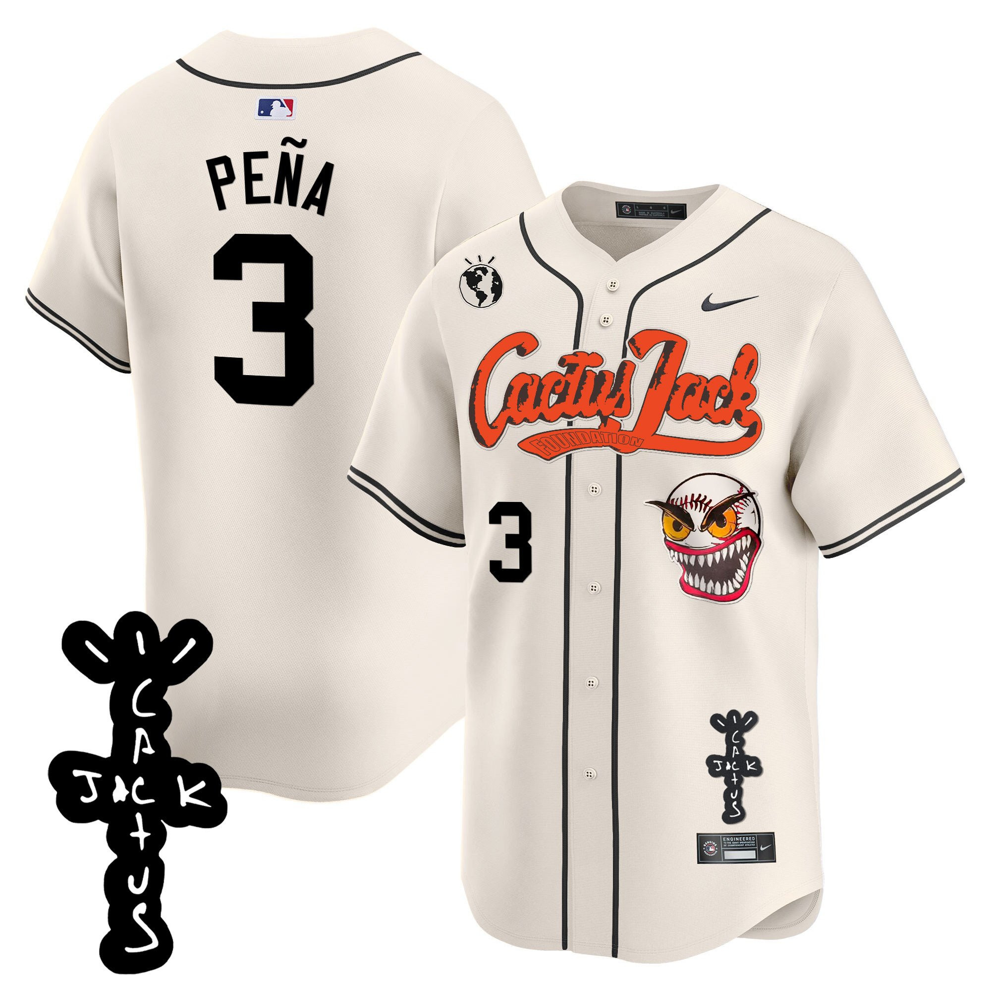 Jeremy Pena 3 Houston Astros Cactus Jack Patch V2 Men Baseball Jersey - Cream