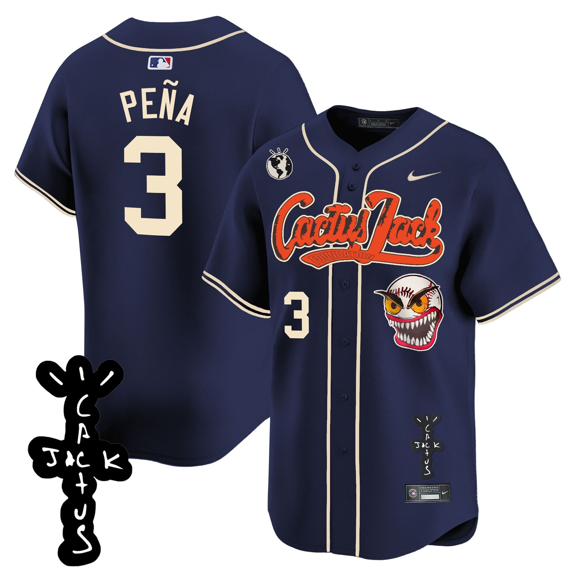 Jeremy Pena 3 Houston Astros Cactus Jack Patch V2 Men Baseball Jersey - Navy