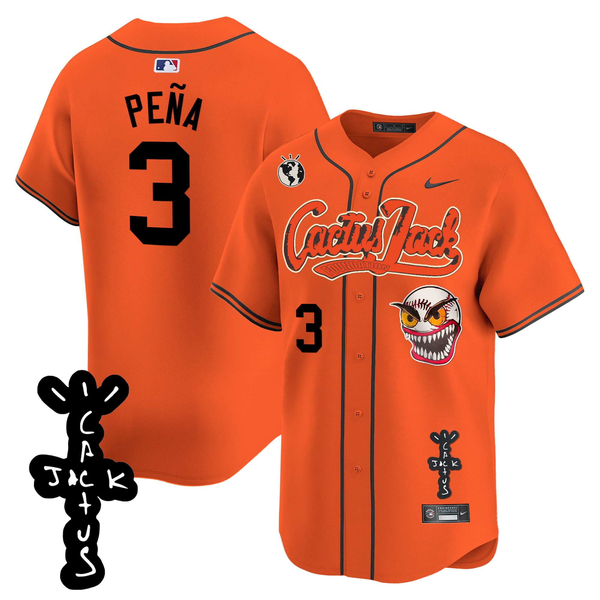 Jeremy Pena 3 Houston Astros Cactus Jack Patch V2 Men Baseball Jersey - Orange