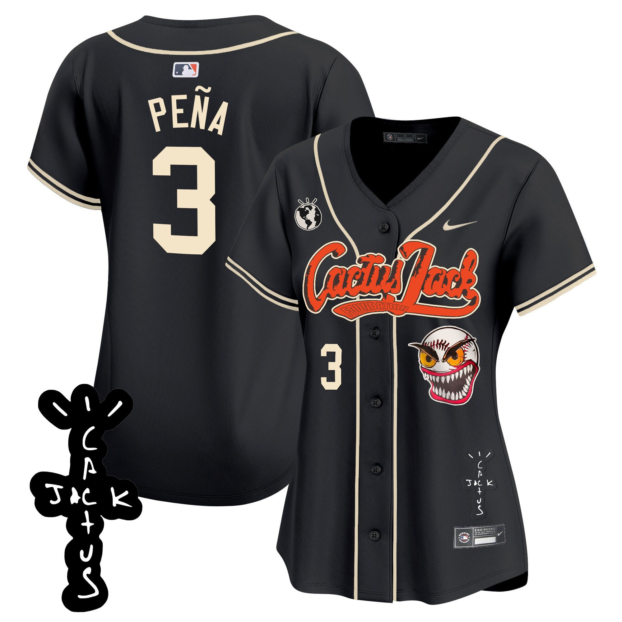 Jeremy Pena 3 Houston Astros Cactus Jack Patch V2 Women Baseball Jersey - Black 