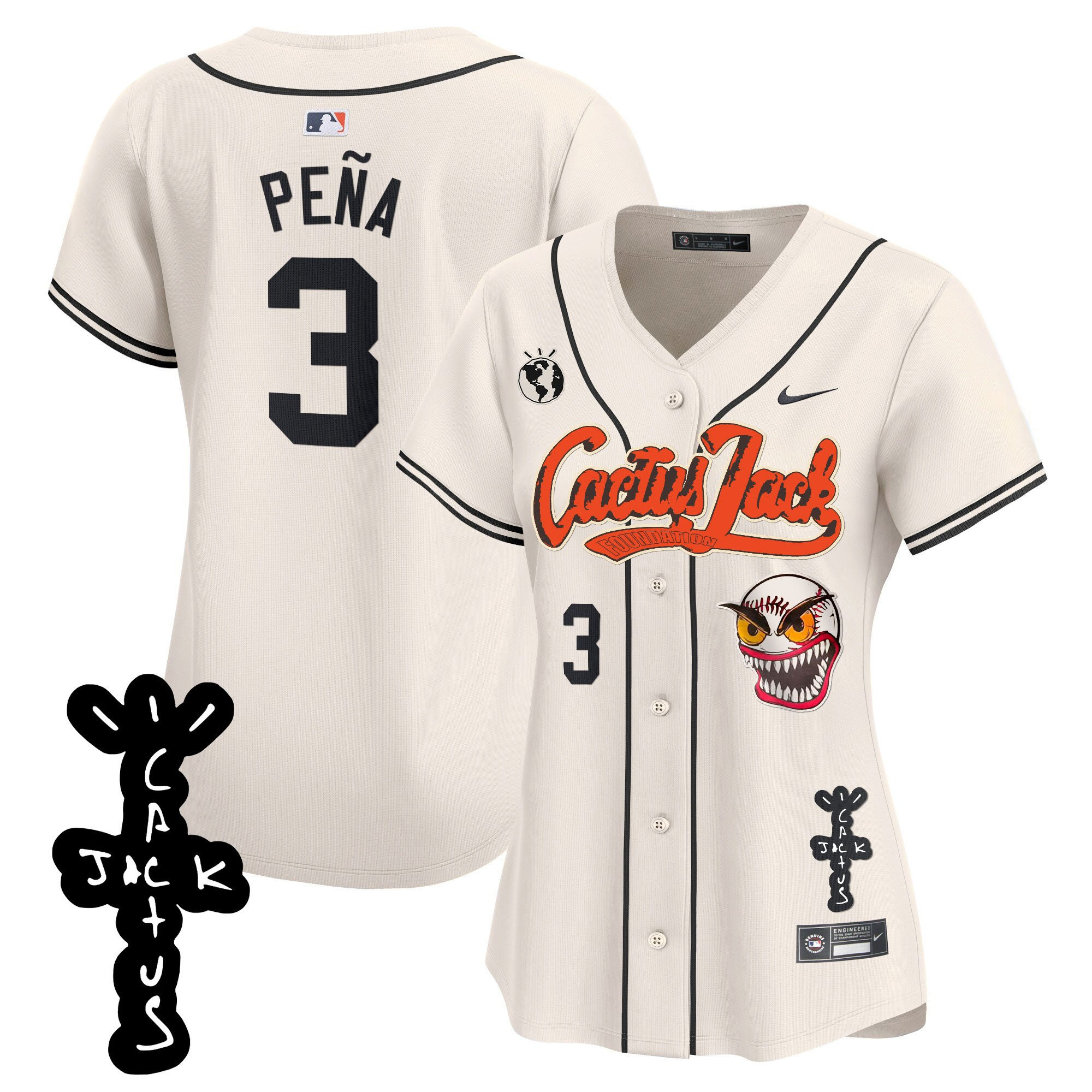 Jeremy Pena 3 Houston Astros Cactus Jack Patch V2 Women Baseball Jersey - Cream 