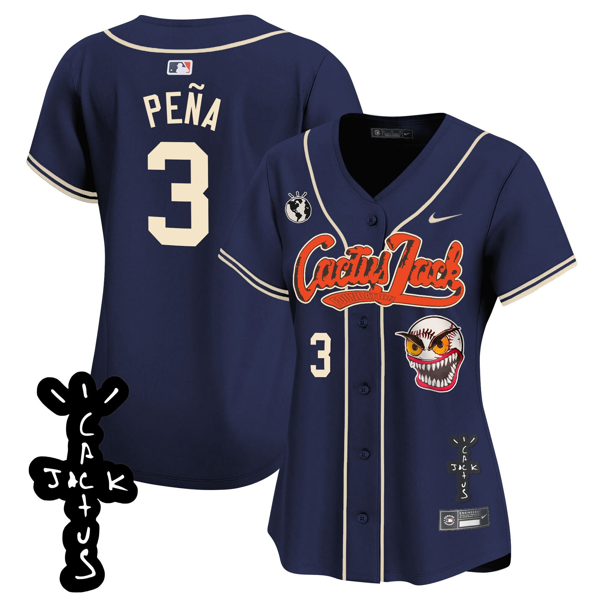 Jeremy Pena 3 Houston Astros Cactus Jack Patch V2 Women Baseball Jersey - Navy 