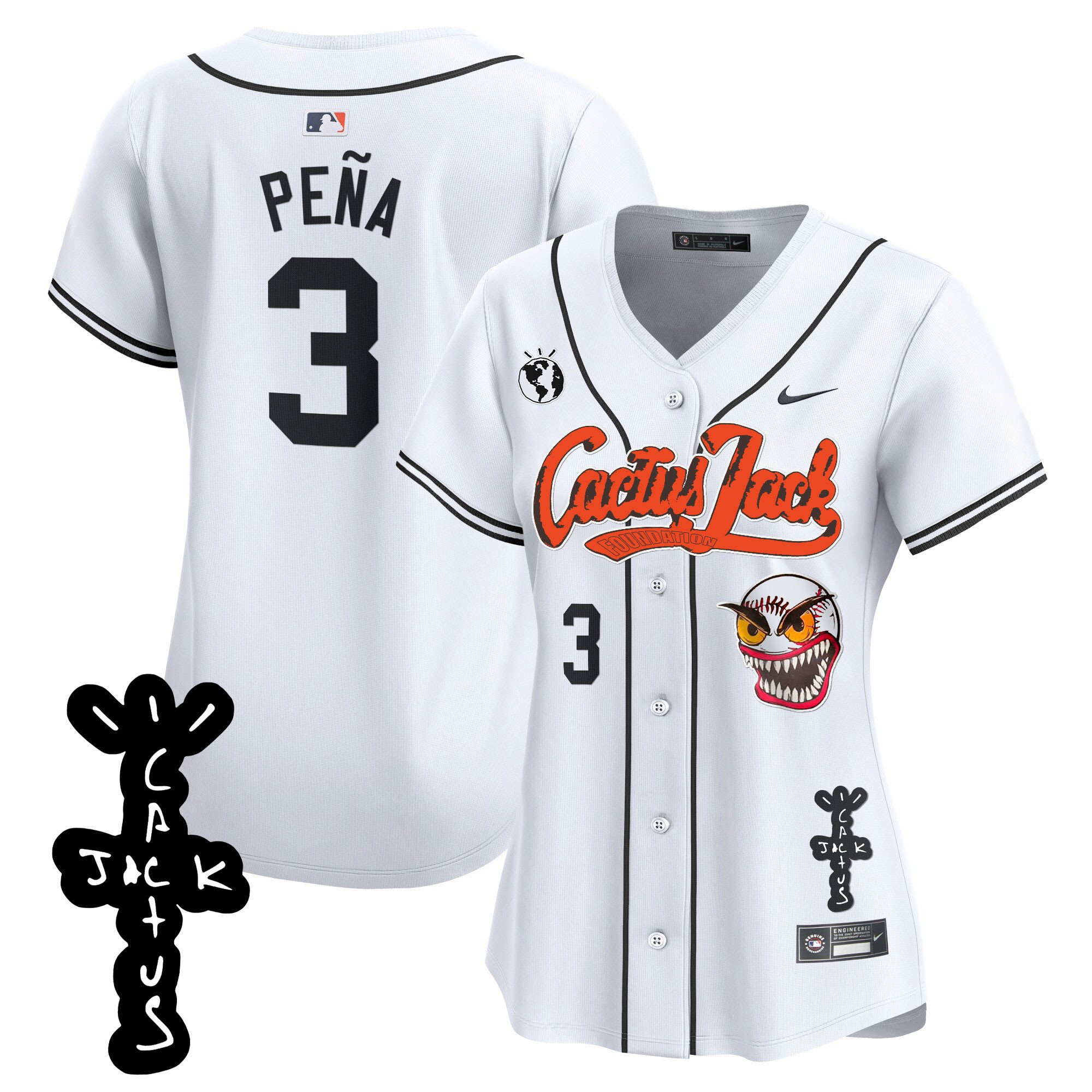 Jeremy Pena 3 Houston Astros Cactus Jack Patch V2 Women Baseball Jersey - White 