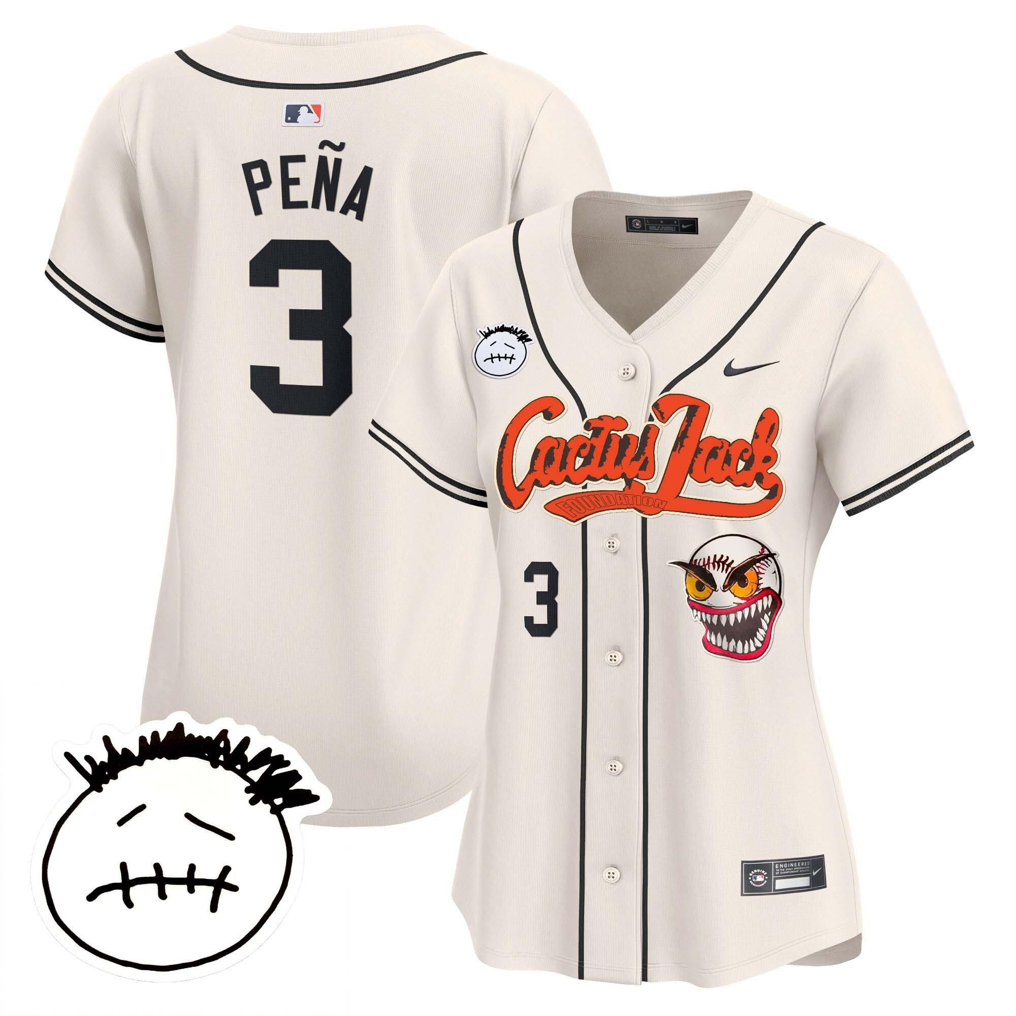 Jeremy Pena 3 Houston Astros Cactus Jack Patch V3 Women Baseball Jersey - Cream 