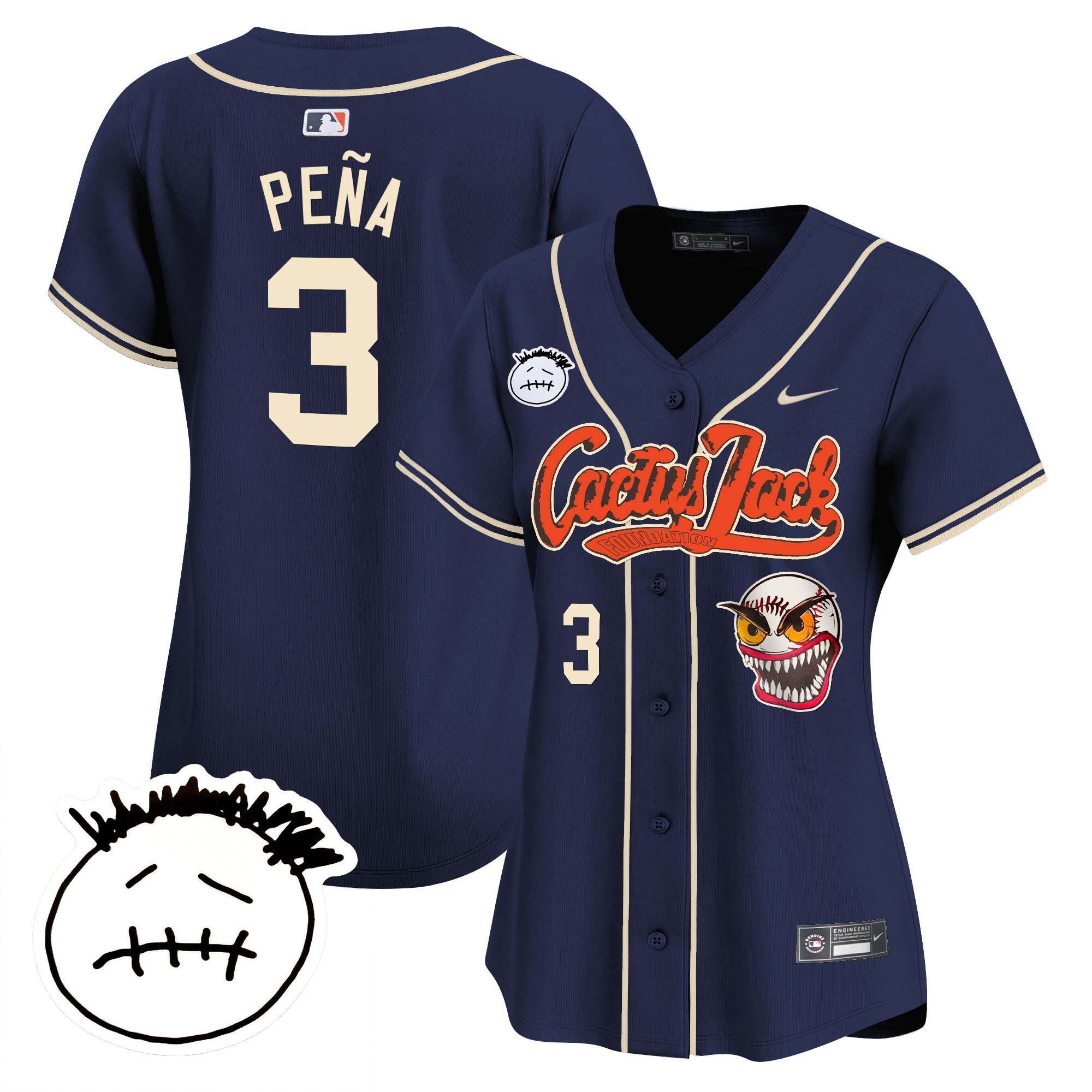 Jeremy Pena 3 Houston Astros Cactus Jack Patch V3 Women Baseball Jersey - Navy 