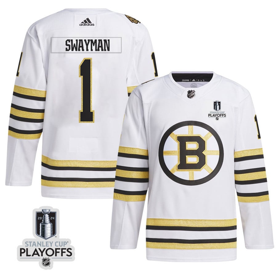 Jeremy Swayman 1 Boston Bruins 2024 NHL Playoffs Patch Away Hockey Jersey - Men, White - JS778 